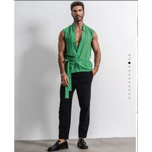 Orttu Star Neck Cardigan Green Semi Sheer Chiffon Wrap Around Belt Small Kimono